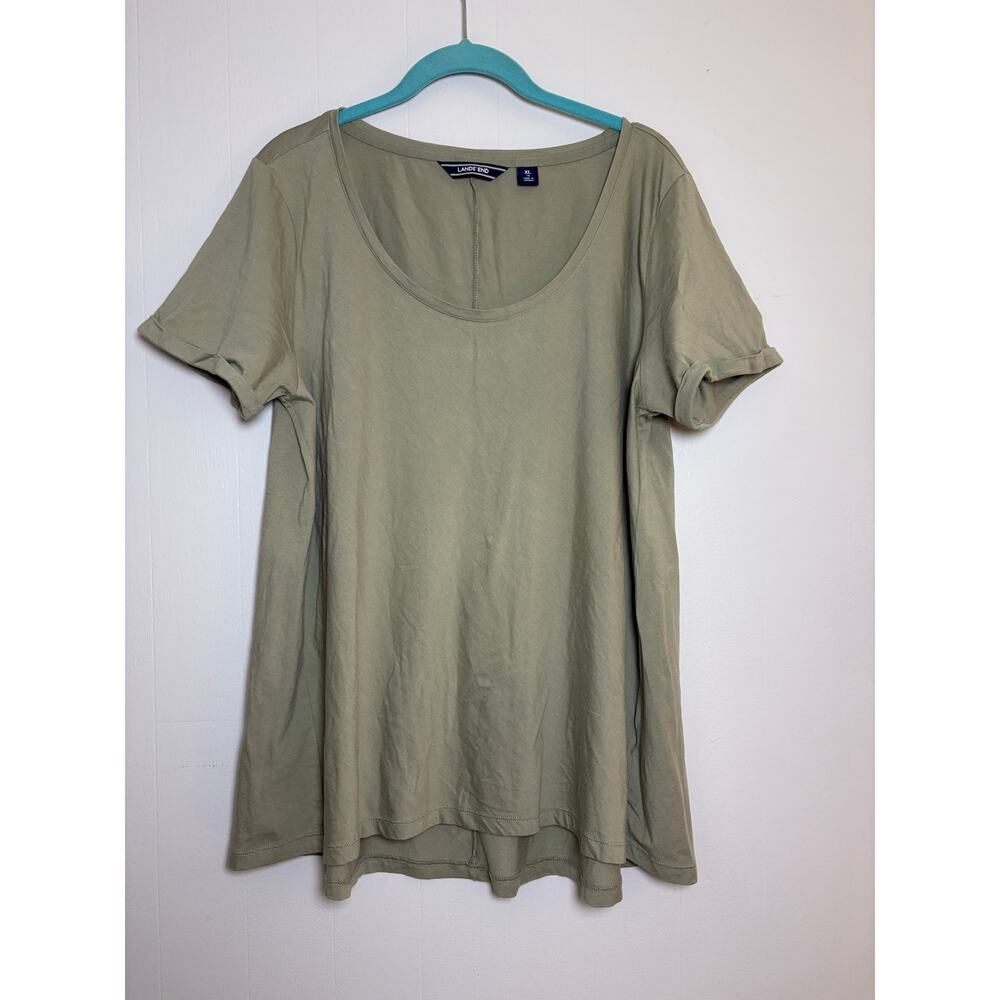 Lands' End XL 18 Womens Cuffed Short Sleeve Scoop Neck Hi-Lo Cotton Casual Shirt